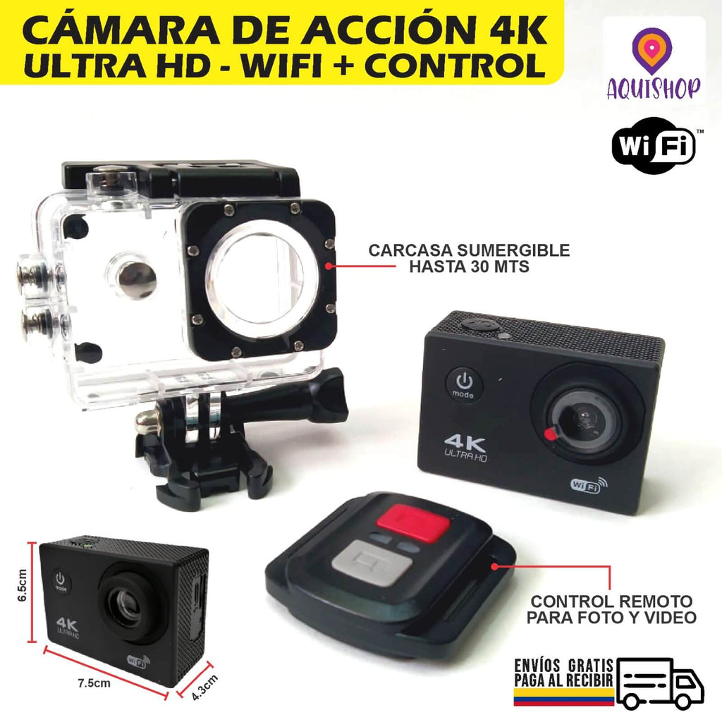 Cámara Deportiva 4K Full HD Wifi Sumergible Control Remoto + Micro